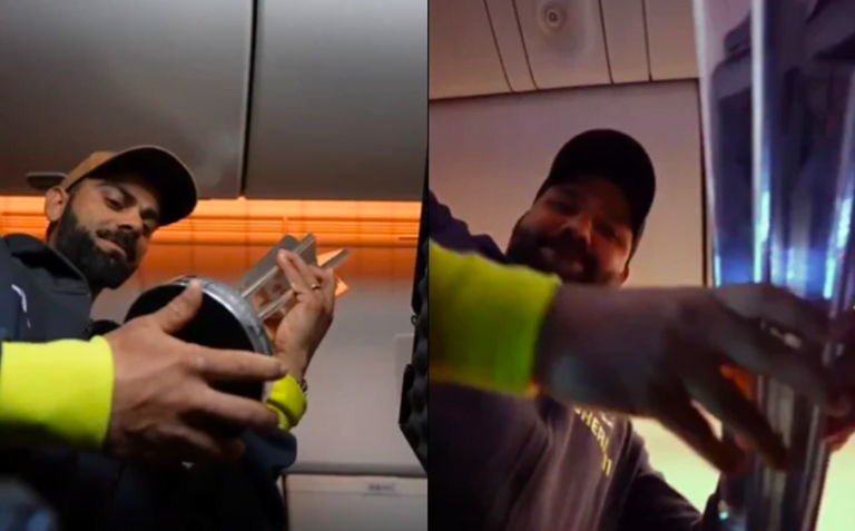 BCCI captures Kohli and Rohit celebrating with T20 World Cup trophy on Air India flight.