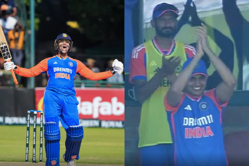 Shubman Gill celebrates as Abhishek Sharma hits maiden T20I century with a hat-trick of sixes.