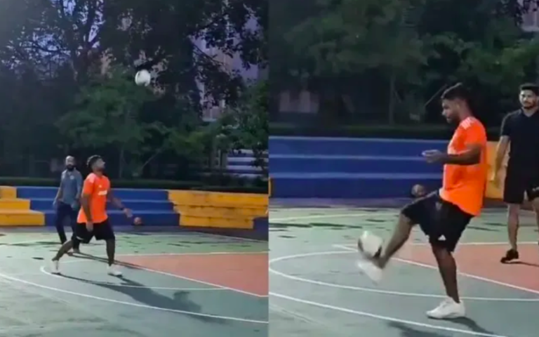 Sanju Samson surprises everyone with an unusual move, playing football on a basketball court.